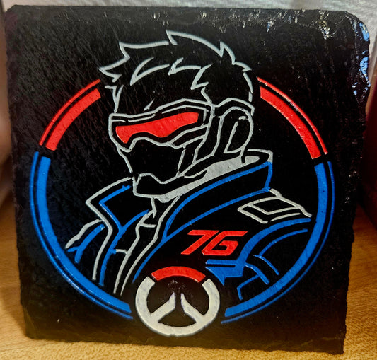 Soldier: 76 Inspired Gaming Slate Coaster Set | 4 Piece Gamer Desk Accessories | Overwatch Inspired Fan Art Gift
