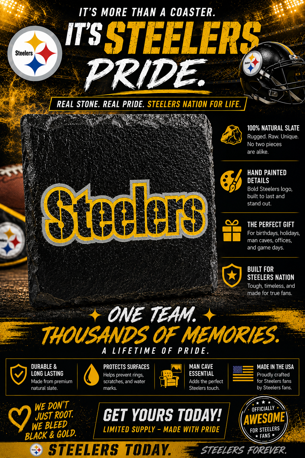 Pittsburgh Steelers Slate Coaster | Handmade NFL Fan Decor | Steelers Gift for Him | Football Man Cave Decor | Custom Stone Coaster | Steelers Nation