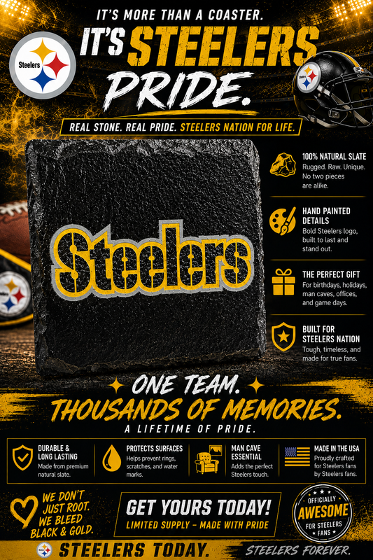 Pittsburgh Steelers Slate Coaster | Handmade NFL Fan Decor | Steelers Gift for Him | Football Man Cave Decor | Custom Stone Coaster | Steelers Nation