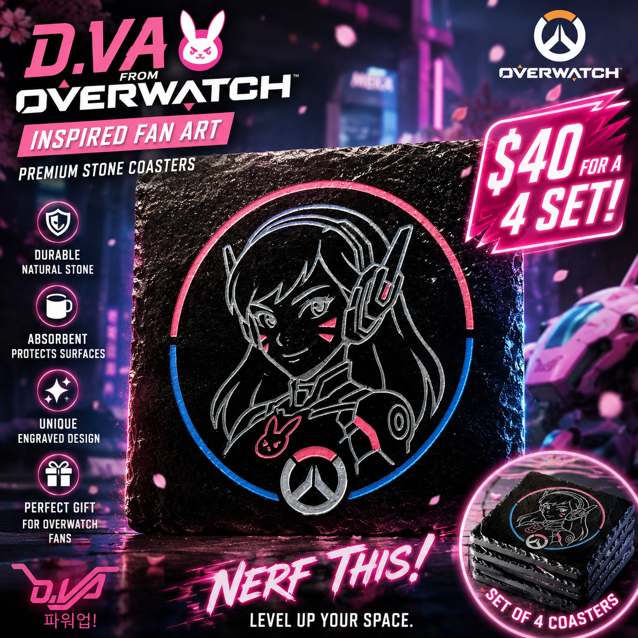 D.Va Inspired Slate Coaster Set | Gamer Gift | Laser Engraved Stone Coasters | Gaming Room Decor | Anime Inspired Drink Coasters | Set of 4