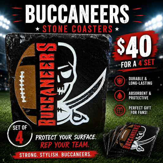 Tampa Bay Buccaneers Slate Coasters | NFL Football Coasters | Handmade Laser Engraved Stone Coaster Set | Buccaneers Fan Gift | Man Cave Decor | Set of 4