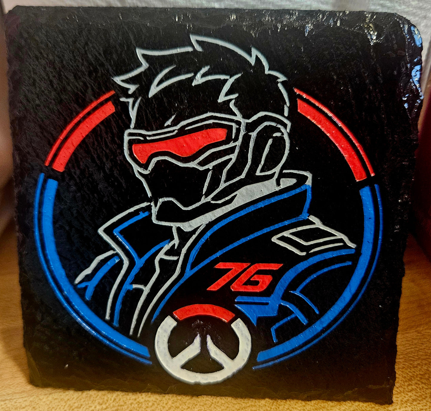Soldier: 76 Inspired Gaming Slate Coaster Set | 4 Piece Gamer Desk Accessories | Overwatch Inspired Fan Art Gift