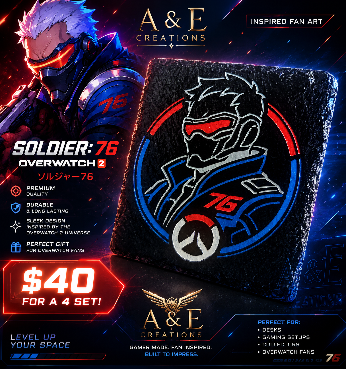 Soldier: 76 Inspired Gaming Slate Coaster Set | 4 Piece Gamer Desk Accessories | Overwatch Inspired Fan Art Gift