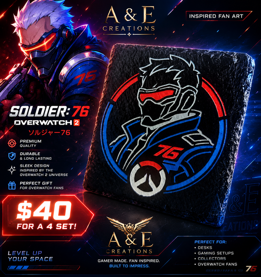 Soldier: 76 Inspired Gaming Slate Coaster Set | 4 Piece Gamer Desk Accessories | Overwatch Inspired Fan Art Gift