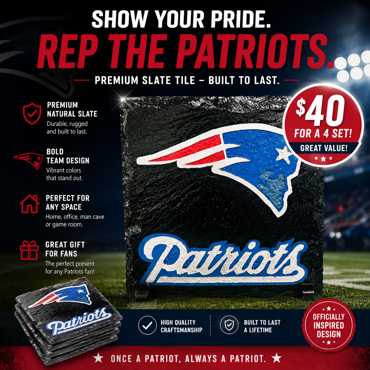 New England Patriots Slate Coaster | Handmade NFL Fan Decor | Laser Engraved Patriots Gift | Football Man Cave Decor | Custom Sports Coaster