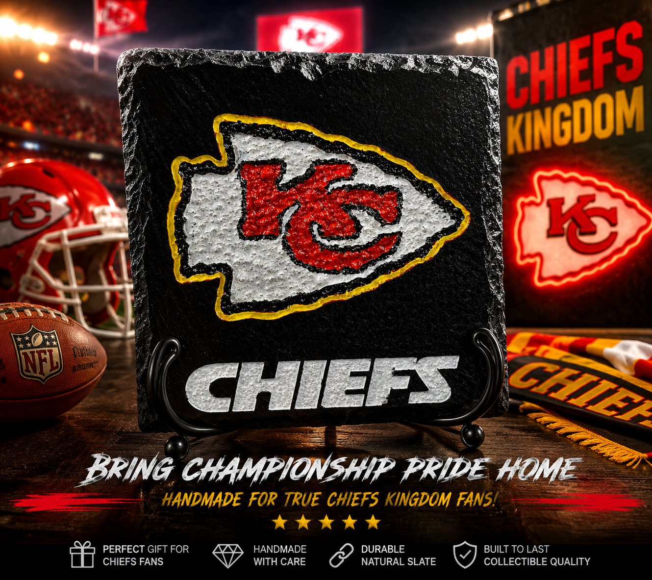 Kansas City Chiefs Slate Coaster – Handmade NFL Fan Decor – Laser Engraved Stone Coaster – Chiefs Kingdom Gift – Football Man Cave Decor