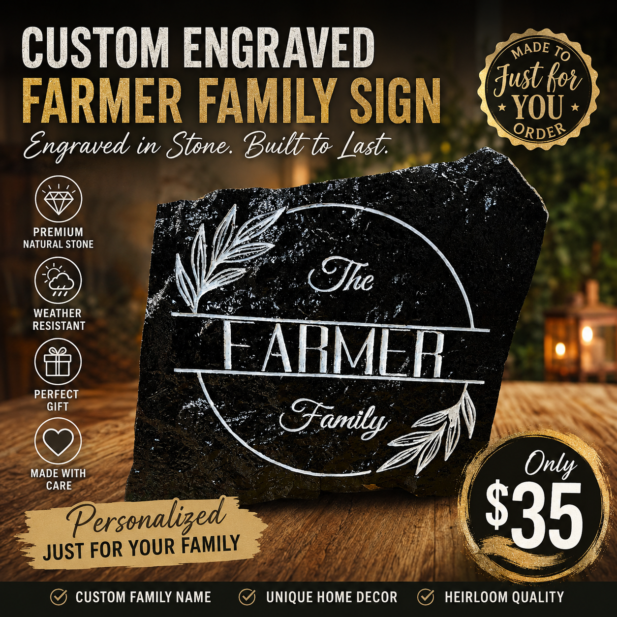 Personalized Engraved Slate Family Sign | Custom Last Name Stone Plaque | Rustic Home Decor | Housewarming Gift | Wedding Gift | Anniversary Gift